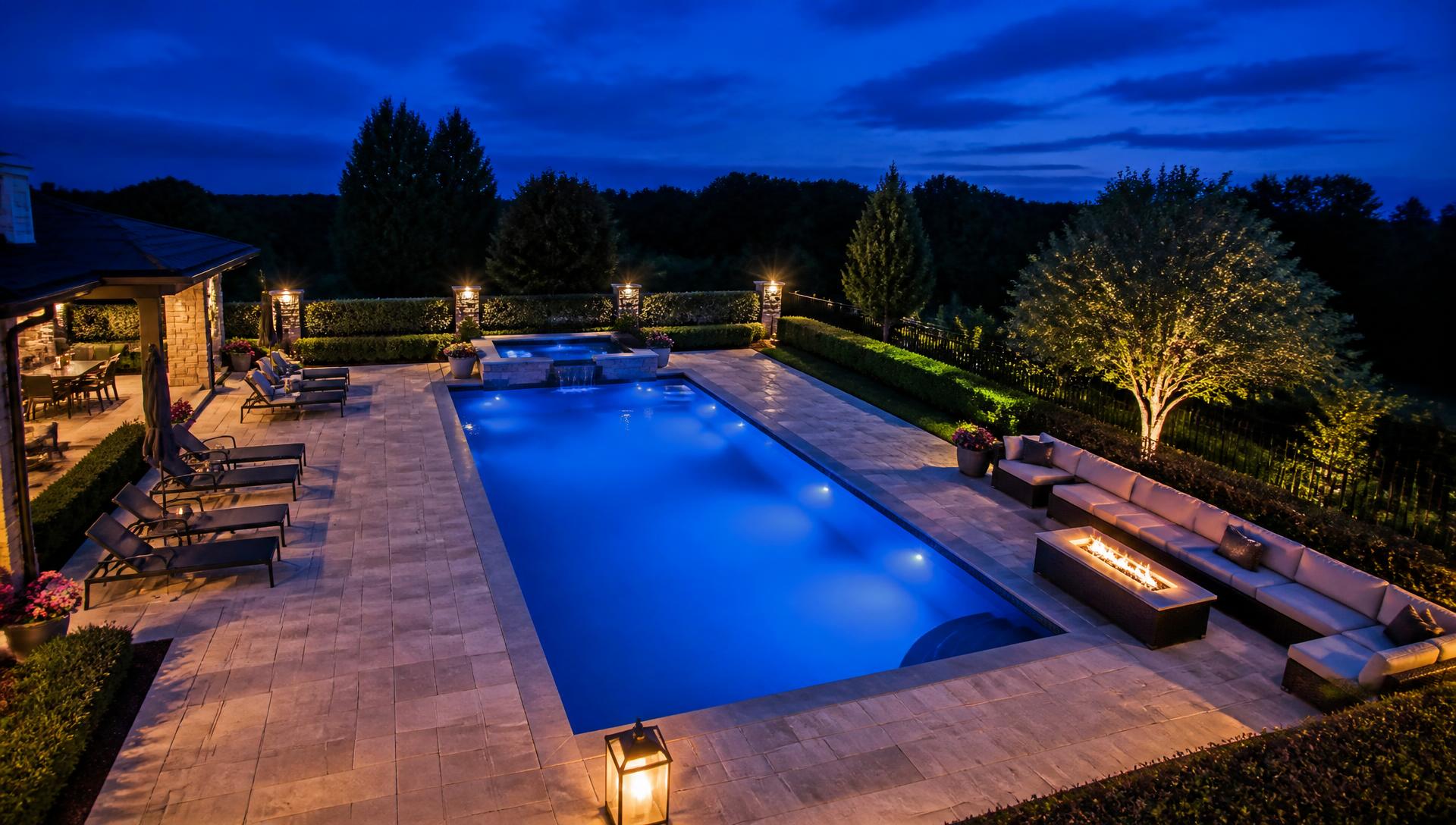 Luxury backyard swimming pool at twilight with hardscape patio and fire feature